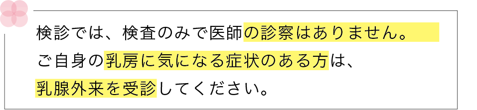 検診では、検査のみで医師の診察はありません。 ご自身の乳房に気になる症状のある方は、 乳腺外来を受診してください。